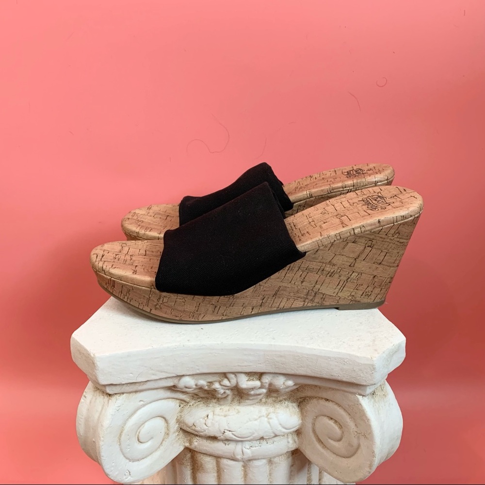 Black Comfy Peep Toe Slip On Wedge Platforms